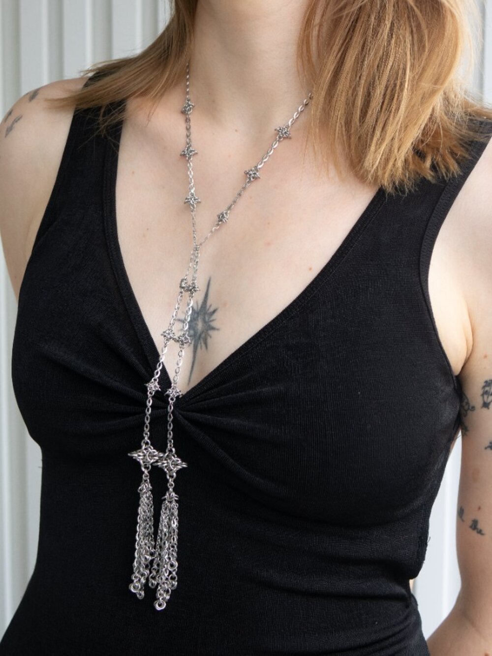 Gothic long silver star necklace with tassels